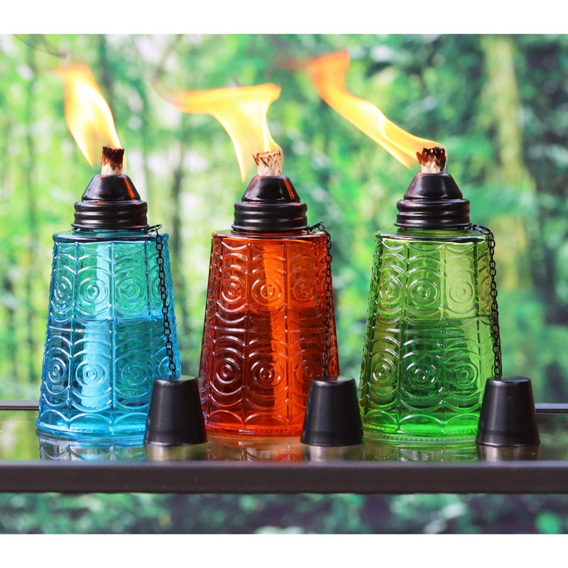 Seraphic Citronella Table Top Torches for Outdoor Patio, 16oz Decorative Glass Torch Citronella Candles for Outside Deck, Garden, Parties, Set of 3, Blue/Amber/Green - Image 2